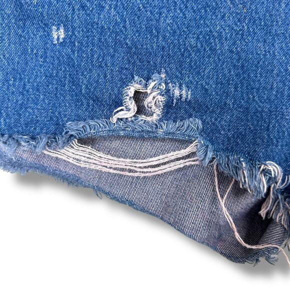 Levi's Premium Medium Wash Distressed Button Fly High Waist Denim Jean Shorts - Picture 3 of 9